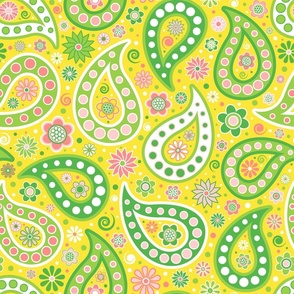 Modern Paisley // Flowers and Circle Dots // Green, Pink, Sunshine Yellow, White
