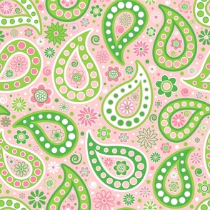 Modern Paisley // Flowers and Circle Dots // Green, Pink, White