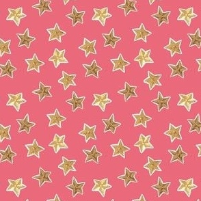 Funky Gold Stars Outlined in White Hand Painted on Solid Dark Pink Background 2.5 inch Repeat
