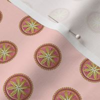 Painted Star Medallions in White Gold and Pink on a Solid Medium Blush Pink Background in 6 inch Repeat