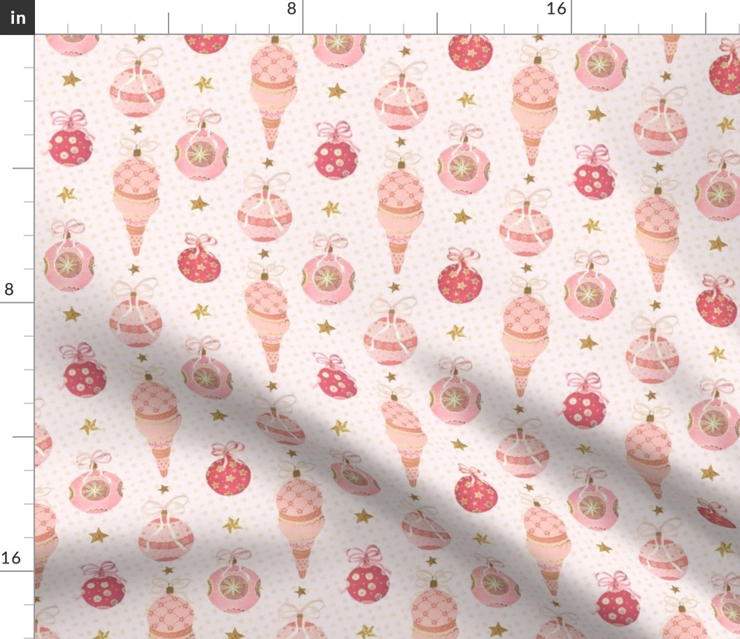 Pink Confections Christmas Ornaments and Stars on a Pale Blush Pink Background in 5 inch Repeat