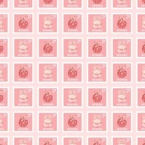 Pink Postage Stamps Christmas Wishes 2 Cent Postage Stamps with Hand Painted Pink Ornaments Tied with a Ribbon Bow on a Solid Pastel Blush Pink Background in 2 inch Repeat