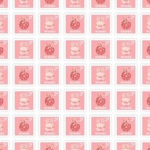 Pink Postage Stamps Christmas Wishes 2 Cent Postage Stamps with Hand Painted Pink Ornaments Tied with a Ribbon Bow on a Solid White Background in 2 inch Repeat