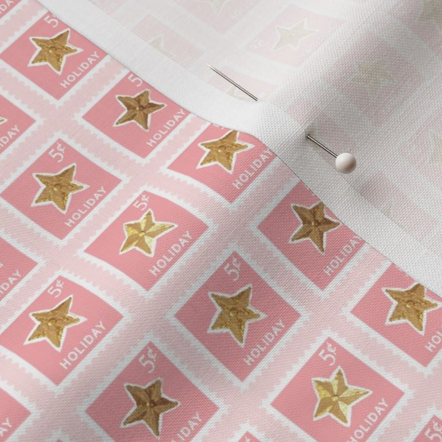 Pink Christmas Holiday 5 Cent Postage Stamps with Gold Painted Stars on a Solid Pastel Blush Pink Background in 2 inch Repeat