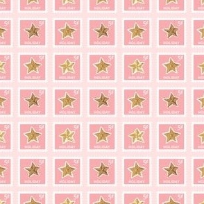 Pink Christmas Holiday 5 Cent Postage Stamps with Gold Painted Stars on a Solid Pastel Blush Pink Background in 2 inch Repeat