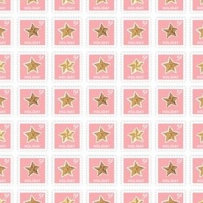 Pink Christmas Holiday 5 Cent Postage Stamps with Gold Painted Stars on a Solid White Background in 2 inch Repeat