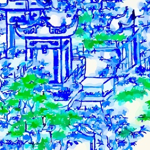 blue pagodas among green maple trees