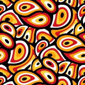 Abstract Mid Century Modern (MCM) Paisley // Red, Orange, Yellow, Black and White