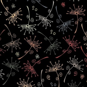 dandelions - earthy hand-drawn dandelions on black - floral fabric and wallpaper
