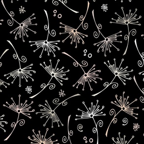 dandelions - neutral hand-drawn dandelions on black - floral fabric and wallpaper