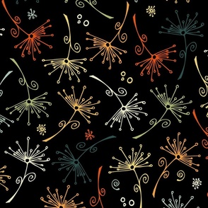 dandelions - vintage hand-drawn dandelions on black - floral fabric and wallpaper