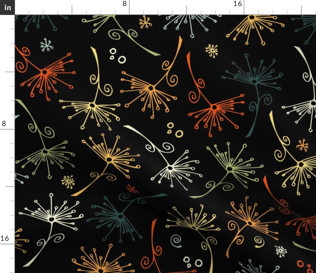 dandelions - vintage hand-drawn dandelions on black - floral fabric and wallpaper