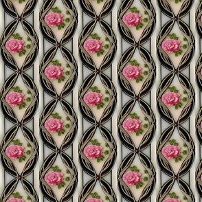 Pink Roses in a Striped Black Ogee Pattern in Ivory