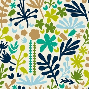 Folk Floral with Birds 12x12 Bright Greens on Ivory