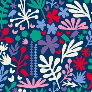 Folk Floral with Birds 12x12 Cool Brights on Navy