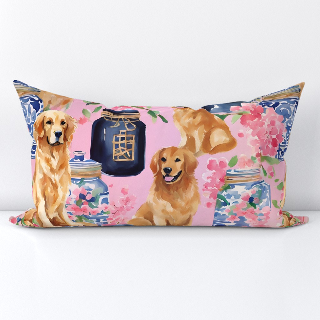 Golden Retrievers and chinoiserie jars on pink