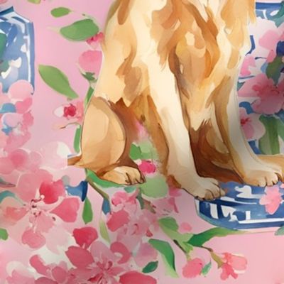 Golden Retrievers and chinoiserie jars on pink