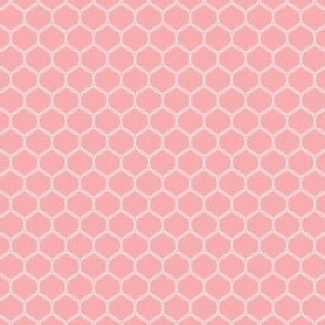 Geometric Interwoven Dotted Circle Pattern in White on a Solid Medium Pink Background with1.5 inch Repeat