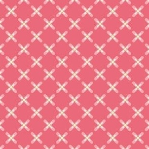 Pink Geometric Retro Starflowers in a Diagonal Plaid Pattern on a Solid Dark Pink Background with 2 inch Repeat