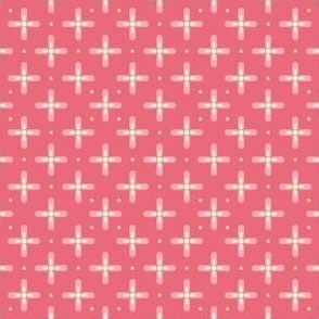Pink Geometric Retro Starflowers Alternating with Pink Polka Dots on a Solid Dark Pink Background with 2 inch Repeat