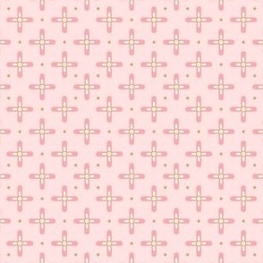 Pink Geometric Retro Starflowers Alternating with Pink Polka Dots on a Solid Lightest Pink Background with 2 inch Repeat