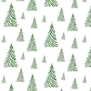 Holiday Green festive Watercolor Christmas Trees farm on white 