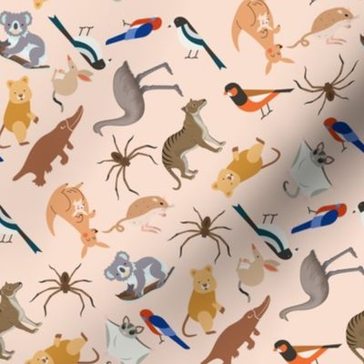 Australian animals fabric - kangaroo, koala, quokka, magpie, 