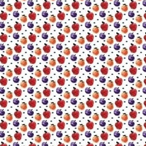 Apples, oranges, plums, blue polka dots on white - tiny sized print 