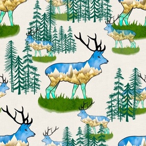 Reindeer elks with mountains and fir trees handdrawn directional blues in linen medim