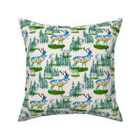 Cabin core Reindeer bull elks with mountafir trees on linen effect pale cream small