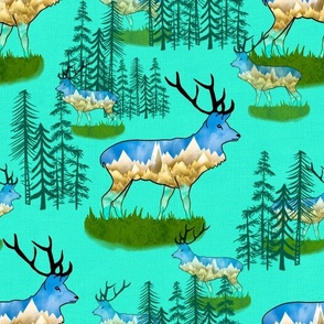 Mountain elk with pine forests on linen effect turquoise medium 