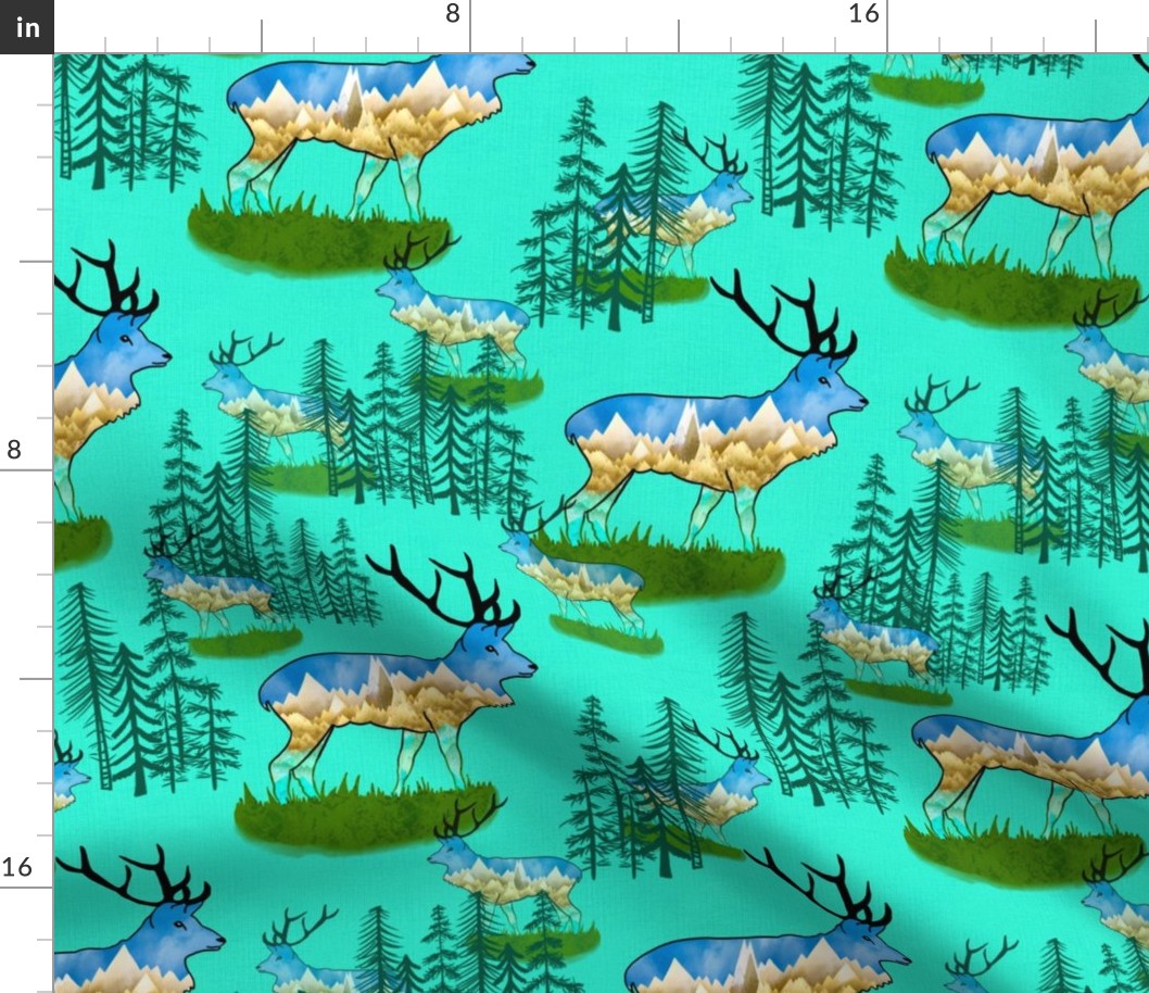 Mountain elk with pine forests on linen effect turquoise medium 