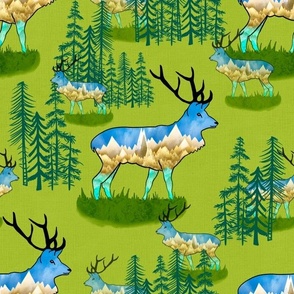 Bright lime green with bull elks reindeer and mountains with pine trees medium