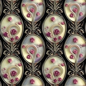 Art Nouveau Moonstone Floral Medallions Inlaid in Silver on Black