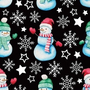 Watercolor snowmen with stars and snowflakes black WB22
