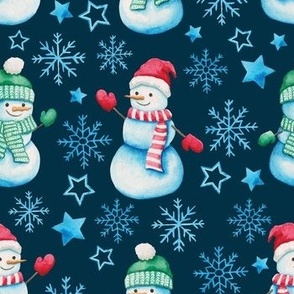 Watercolor snowmen with stars and snowflakes black WB22