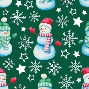 Watercolor snowmen with stars and snowflakes green WB22
