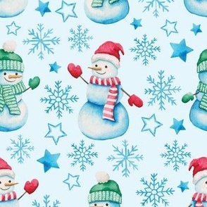 Watercolor snowmen with stars and snowflakes light blue WB22