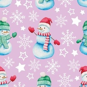 Watercolor snowmen with stars and snowflakes purple WB22