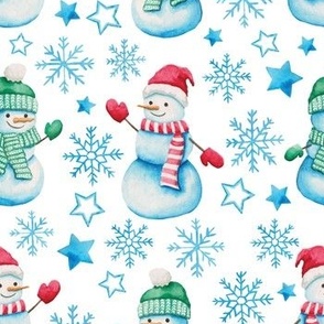 Watercolor snowmen with stars and snowflakes white WB22