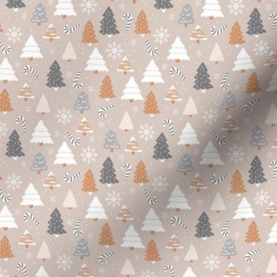 Boho christmas trees candy and snow flakes in beige caramel white charcoal on beige