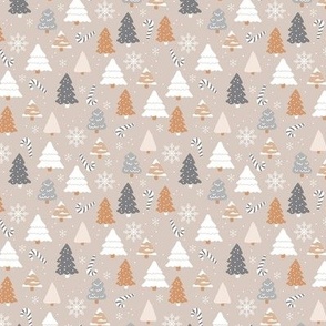 Boho christmas trees candy and snow flakes in beige caramel white charcoal on beige