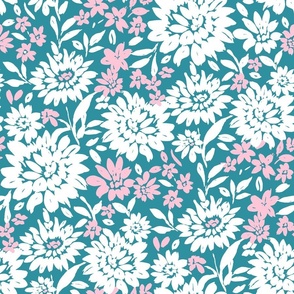 Christmas Florals Teal Pink and white Large Scale by Jac Slade