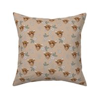 Cutesy highland cows - leaves and flower blossom ranch garden longhorn cow animals design for kids green beige tan