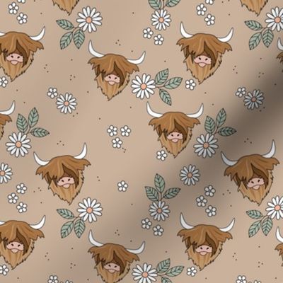 Cutesy highland cows - leaves and flower blossom ranch garden longhorn cow animals design for kids green beige tan