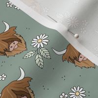 Cutesy highland cows - leaves and flower blossom ranch garden longhorn cow animals design for kids eucalyptus green