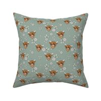 Cutesy highland cows - leaves and flower blossom ranch garden longhorn cow animals design for kids eucalyptus green