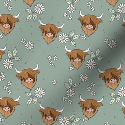 Cutesy highland cows - leaves and flower blossom ranch garden longhorn cow animals design for kids eucalyptus green