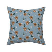 Cutesy highland cows - leaves and flower blossom ranch garden longhorn cow animals design for kids moody blue winter