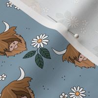 Cutesy highland cows - leaves and flower blossom ranch garden longhorn cow animals design for kids moody blue winter